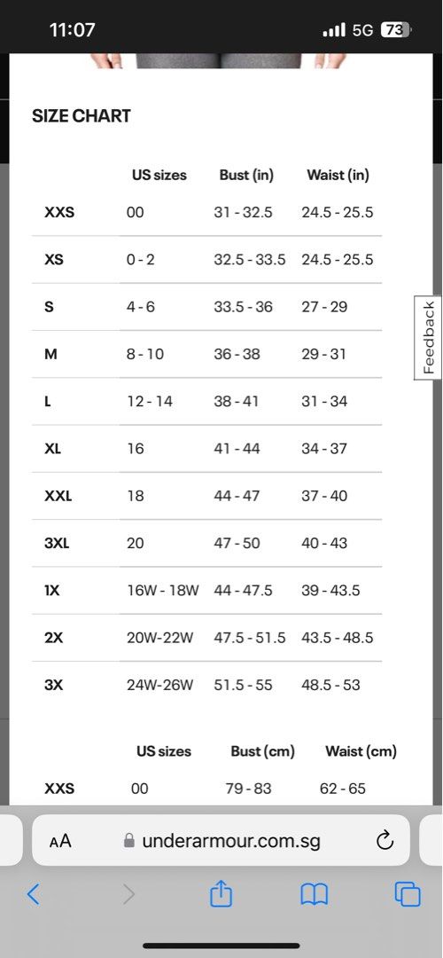 Under armour plus size sales chart