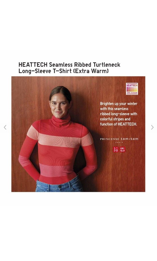 HEATTECH Extra Warm Seamless Ribbed Striped Turtleneck Long Sleeved Thermal  Top