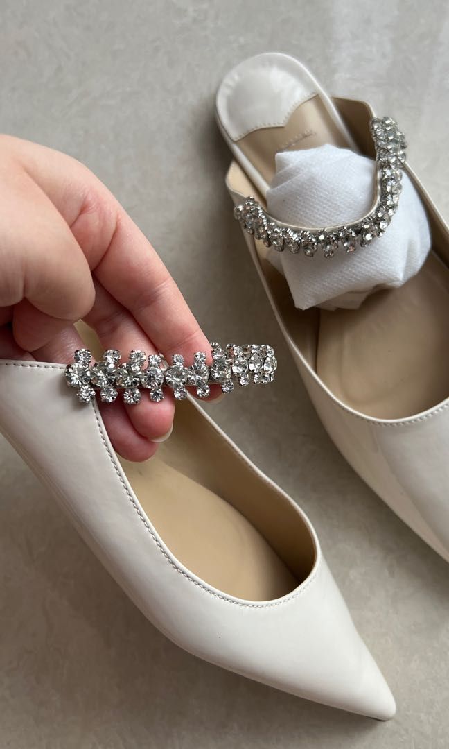 White mules with rhinestones in patent leather Women s Fashion