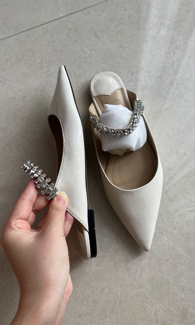 White mules with rhinestones in patent leather Women s Fashion
