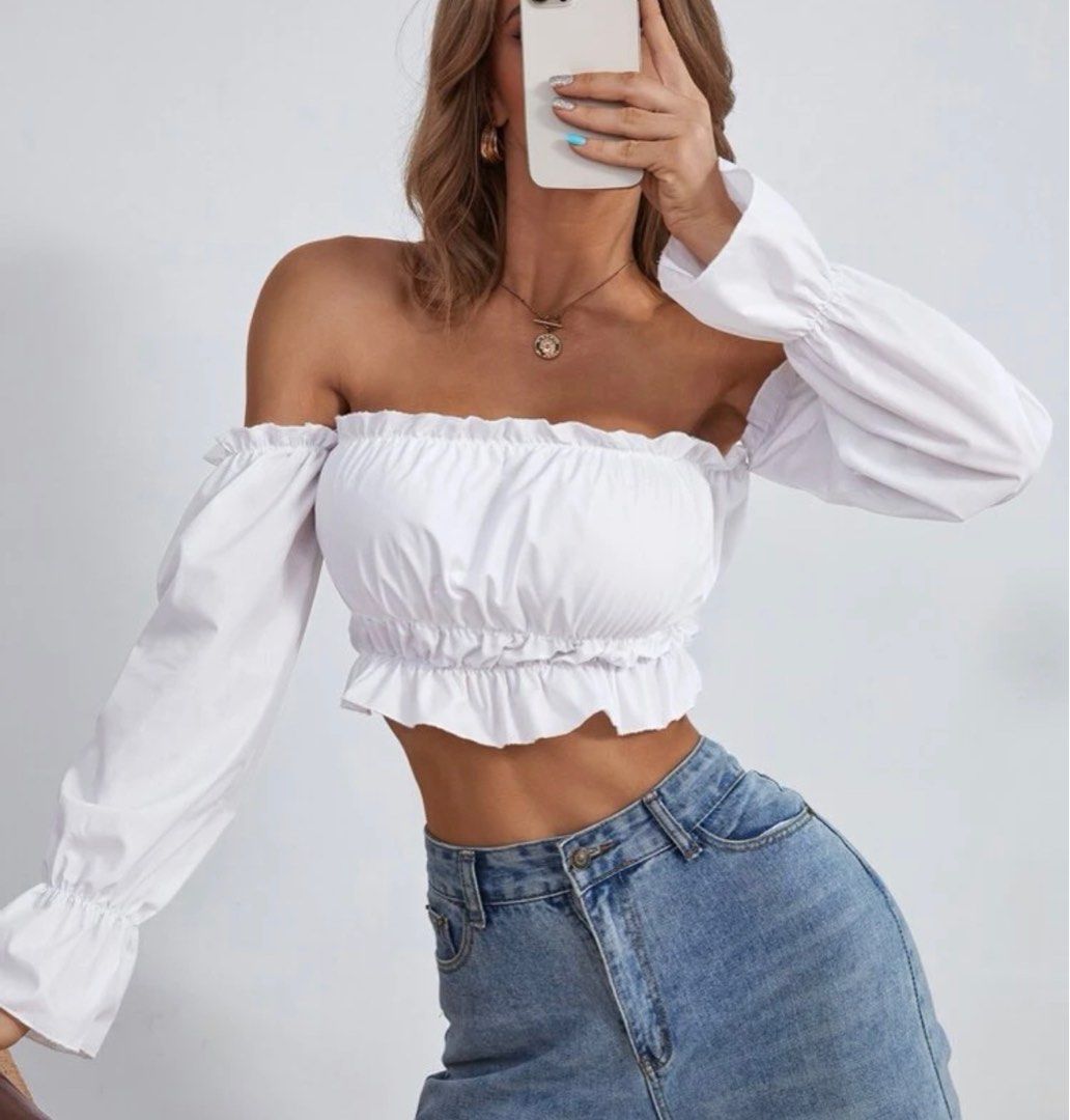 White ruffle hem off sales shoulder long sleeve to