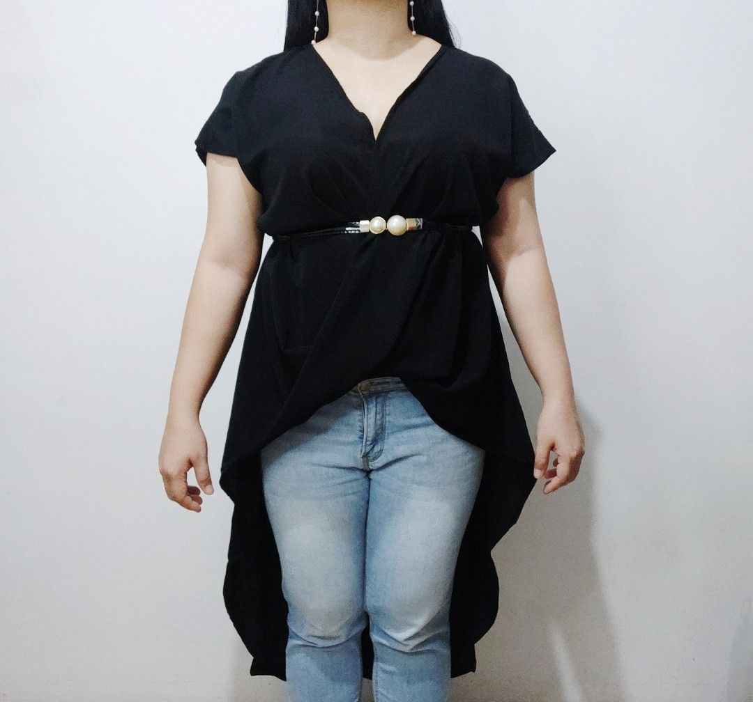 Plus Size Black Blouse with White Stripes, Women's Fashion, Tops, Blouses  on Carousell