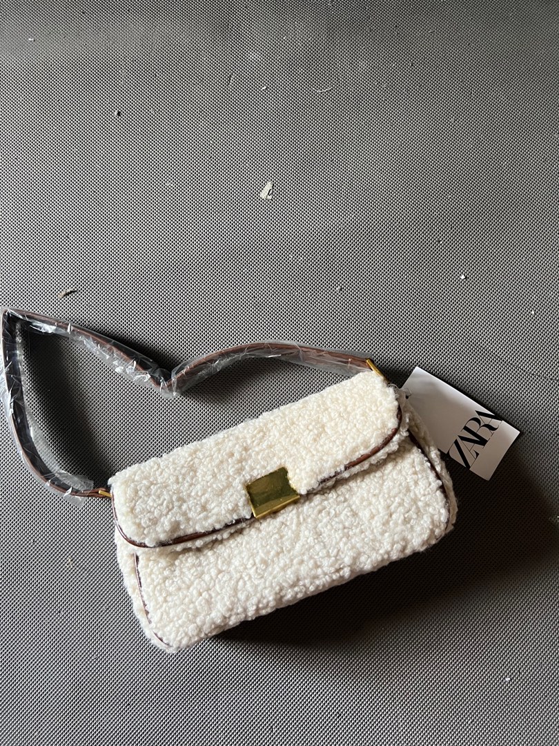 Zara Sherpa Fleece Furr Gold Shearling Baguette Shoulder Kili Mini Bag Beige Brown