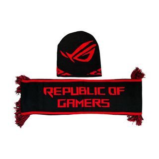 ASUS Limited Edition ROG Republic of Gamers Winter Travel Office School Knit Plaid Cashmere Fringe Blanket Pashmina Cowl Scarf & Winter Beanie Knit Pom-pom Slouchy Foldover Cuffed Chunky Bonnet