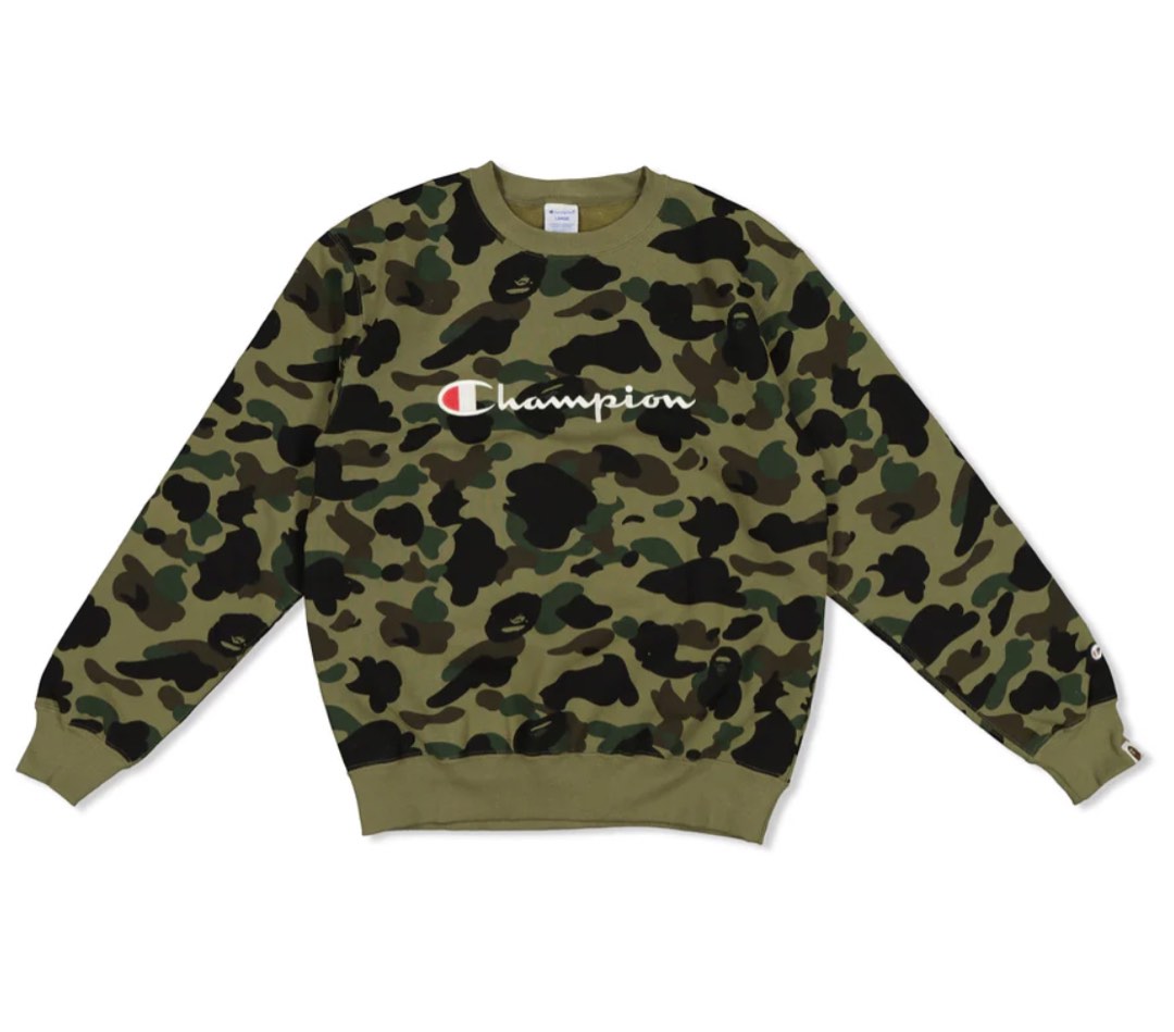 BAPE X CHAMPION 1ST CAMO CREWNECK Men s Fashion Coats Jackets