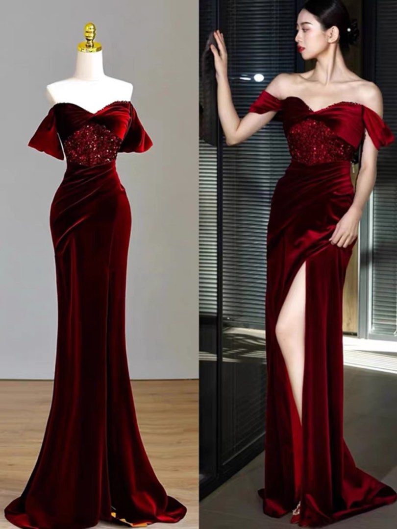 Bn red velvet off shoulder evening gown dress plus size Women s