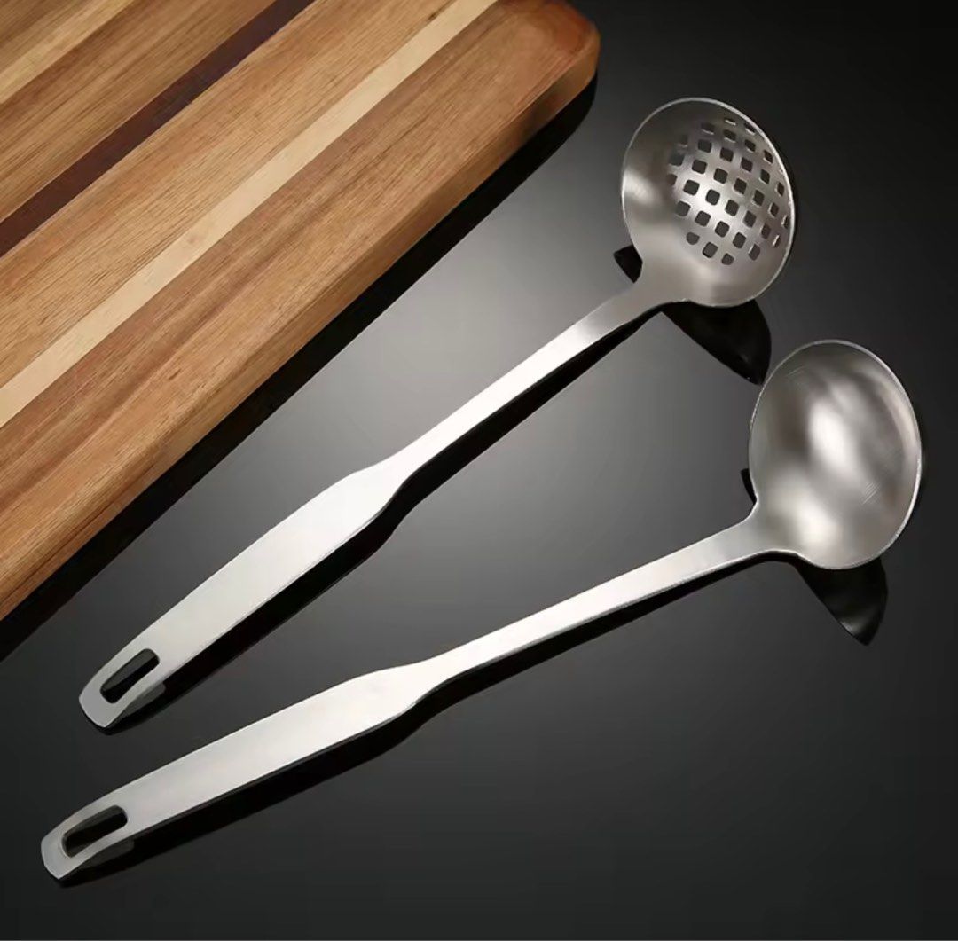 1set 304 Stainless Steel Soup Ladle & Strainer With Wooden Handle Hot Pot  Scoop Colander Spoon