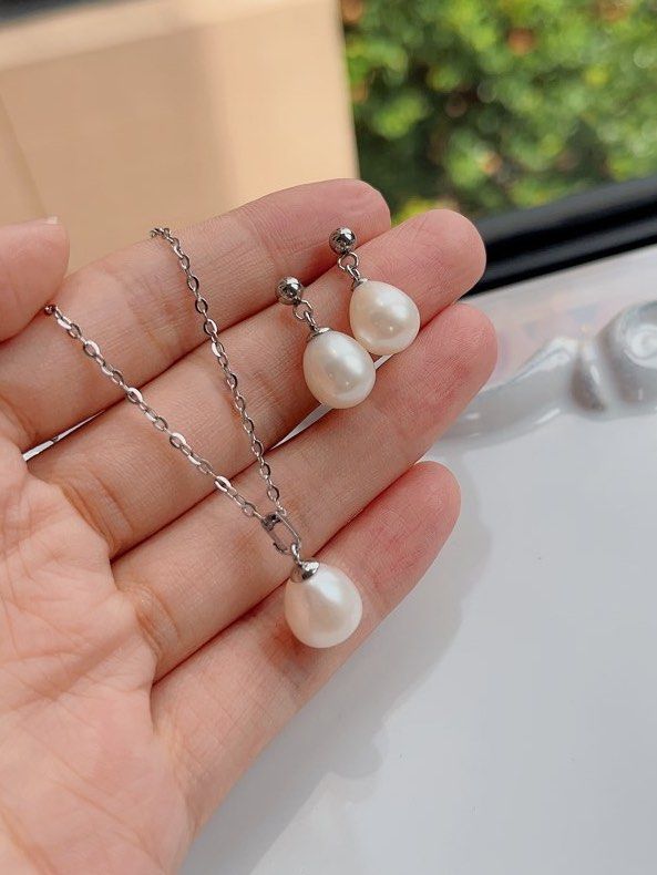 Free Shipping Freshwater Pearl Necklace Earrings Set Silver