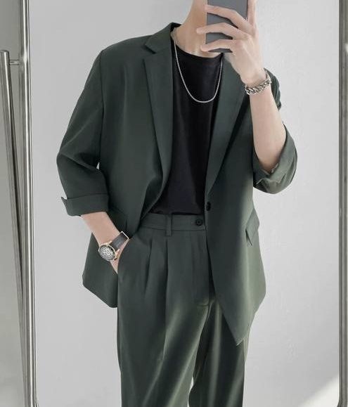 Green 3 4 sleeve blazer with matching slim fit trousers Men s