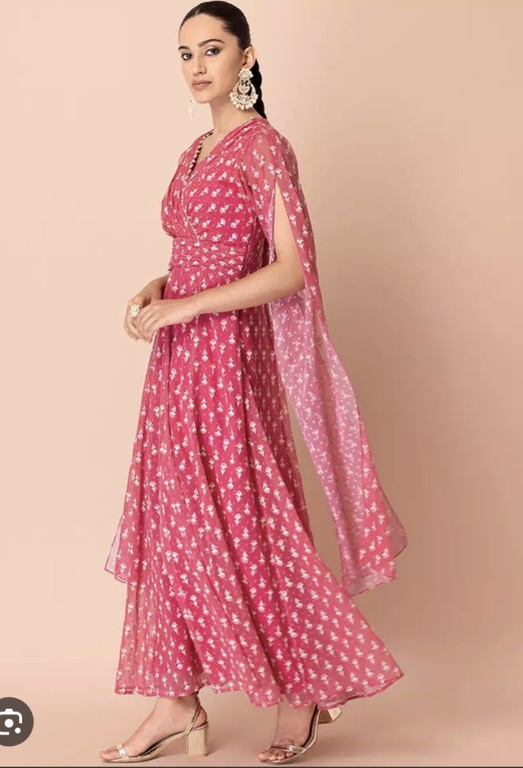 Indya Pink Dabu Print Elongated Sleeve Maxi Kurta Women s Fashion