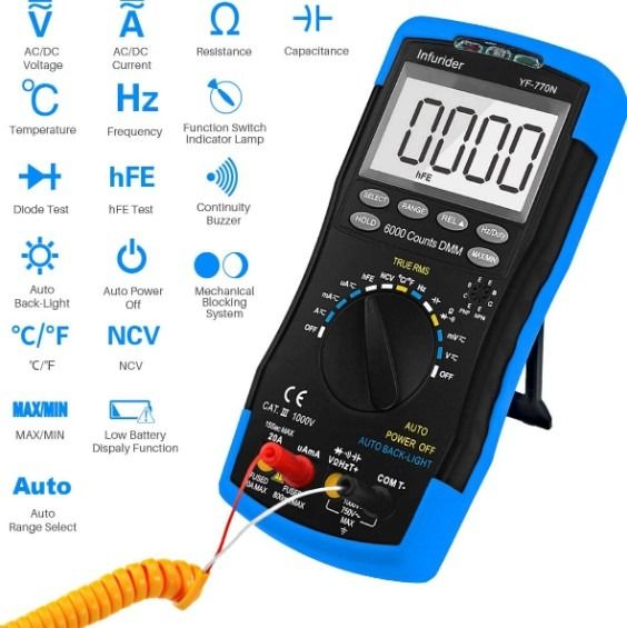 Digital Multimeter 6000 Counts Auto-Ranging AC DC Amp Volt Ohm Meter Voltage  Tester for Capacitance, Continuity and Diode,Multi Electrical Meter Tester  with Mechanical Protection -INFURIDER YF-770N, Furniture & Home Living,  Home Improvement
