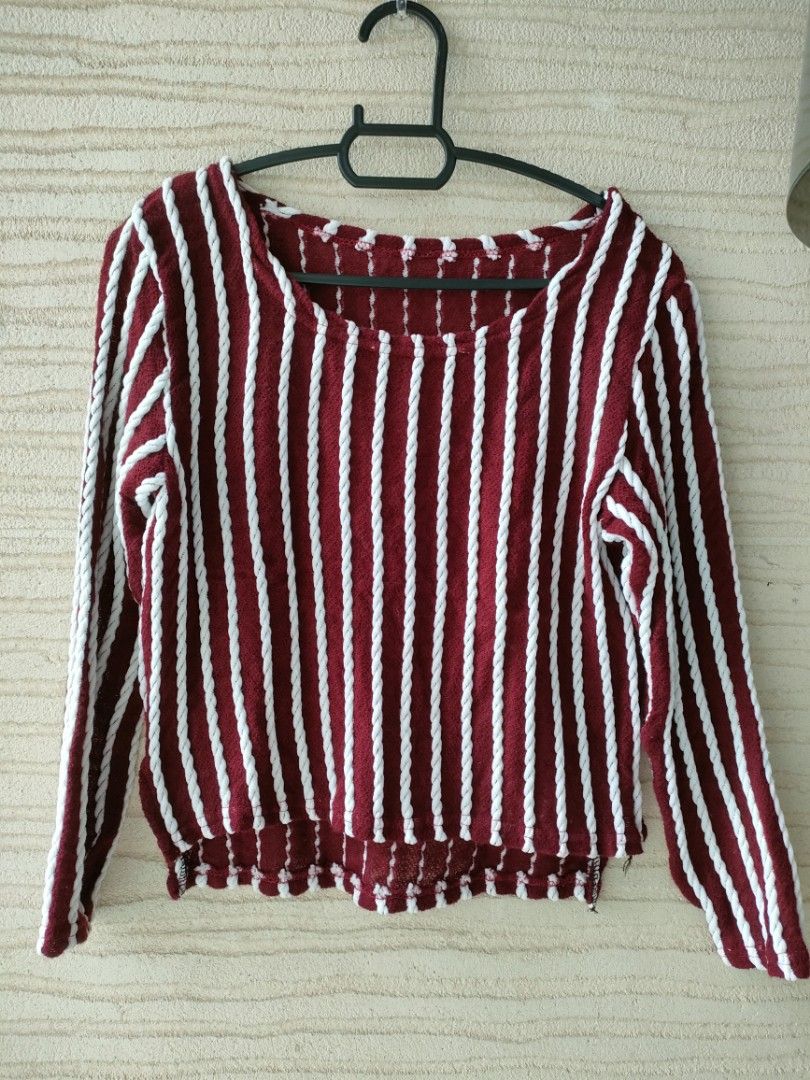knitted red and white stripe sweater Women s Fashion Tops