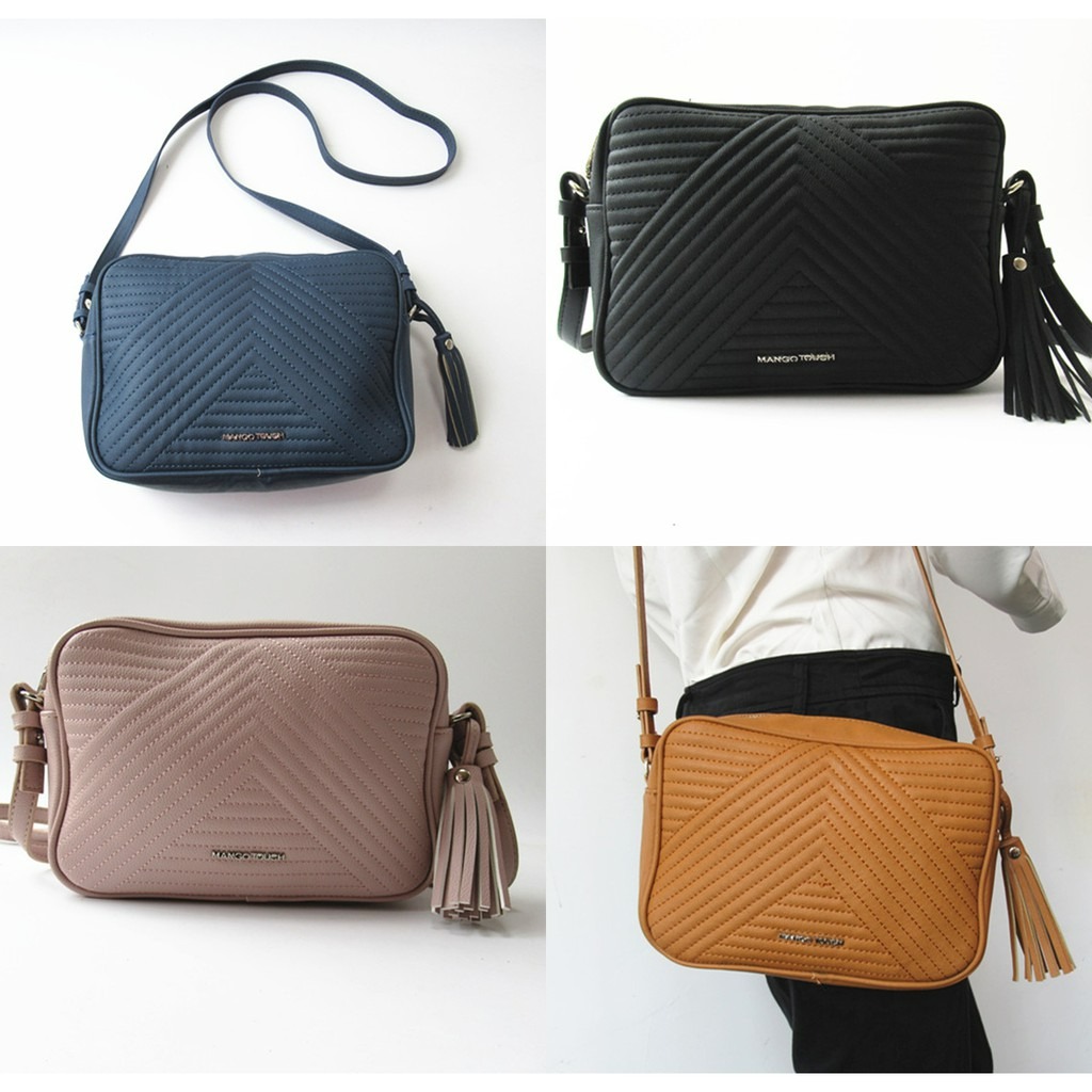 MANGO TOUCH Stripe Quilted Cross Body Sling Bag with Tassel Black