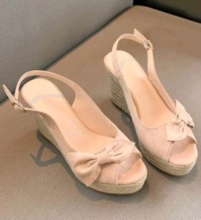 Nude Beige color 3.5inch wedge shoes espadrilles suede with ribbon size 6 high heels shoes sandals with strap