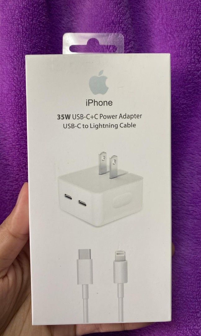 ORIGINAL 35W USB C+C ADAPTER AND CABLE TYPE C TO LIGHTNING (Category: Chargers & Cables) located in Manila. Submitted by milasgadgetph (Listing ID 1275534410, Image 1). Description: ORIGINAL IPHONE FAST CHARGER (SET) CABLE AND ADAPTER BRANDNEW AND SEALED PRICE LIST🛒 ⚪20W IPHONE CHARGER (SET)12/13/14 PRO MAX - 699 ⚪35W IPHONE CHARGER (SET) CABLE ONLY- ⚪ TYPE C TO C (1M)-550 ⚪ TYPE C TO C(2M)-650 ⚪ TYPE C TO LIGHTNING (1M)-450 ⚪ TYPE C TO LIGHTNIN