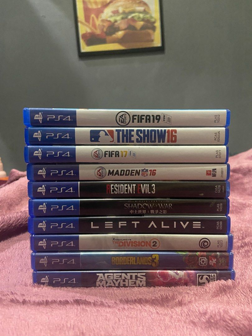 PS4 Games (Repriced) (Category: PlayStation) located in Quezon City. Submitted by pinkplup (Listing ID 1275574211, Image 1). Description: Some are still sealed and most are in likenew condition! BUNDLE ₱550 Fifa17 Fifa19 The Show 16 Madden16 RE 3 - ₱1050 Any 4 for ₱2050 Left Alive - ₱550 Shadow of War - ₱550 The Division 2 (Sealed) - ₱550 Borderlands 3 (Sealed) - ₱550 Agents Mayhem (Sealed) - ₱550 Loc: Lagro, Quezon City.