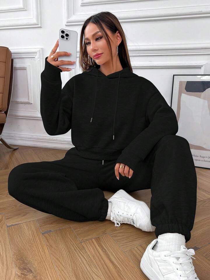 SHEIN Drop Shoulder Drawstring Crop Hoodie & Sweatpants Set