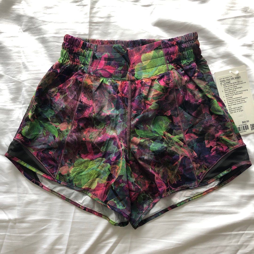 Size 4. NWT Lululemon Hotty Hot High-Rise Lined Short 4” in Vivid Floral  Tone Multi / Graphite Grey size 4., Women's Fashion, Activewear on Carousell