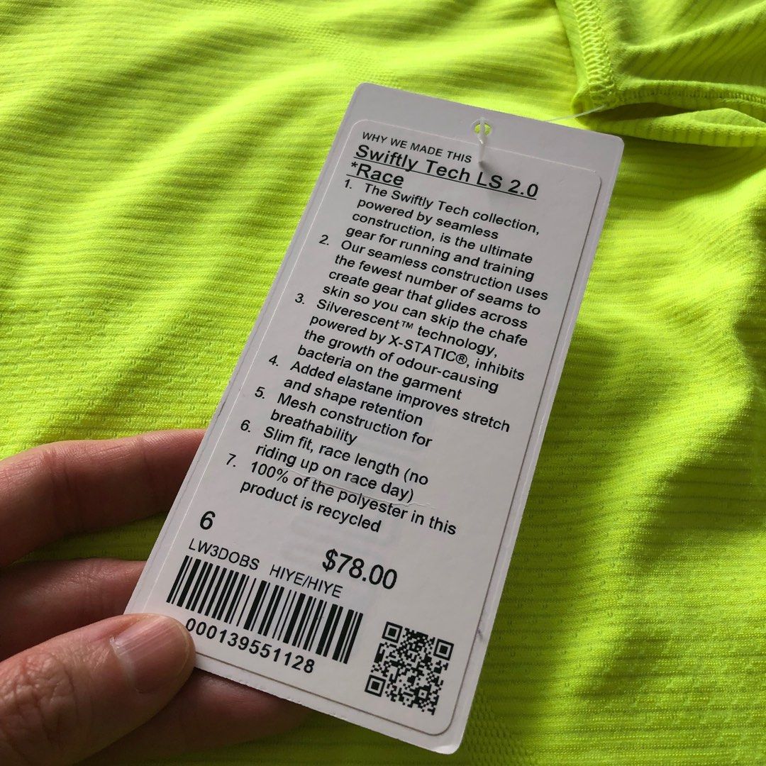 Size 6. NWT Lululemon Swiftly Tech Long Sleeve Shirt 2.0 *Race Length in  Highlight Yellow / Highlight Yellow size 6., Women's Fashion, Activewear on  Carousell