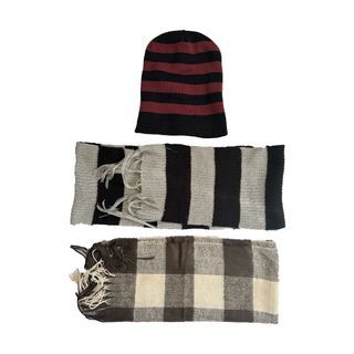 Take All! Winter Travel Office School Knit Plaid Cashmere Fringe Blanket Pashmina Cowl Scarf & Winter Beanie Knit Pom-pom Slouchy Foldover Cuffed Chunky Bonnet