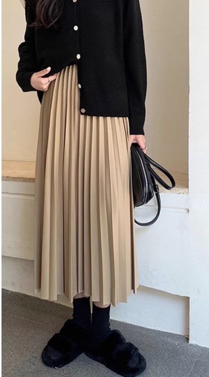 Woolen Beige pleated skirt women s mid length high waisted a line