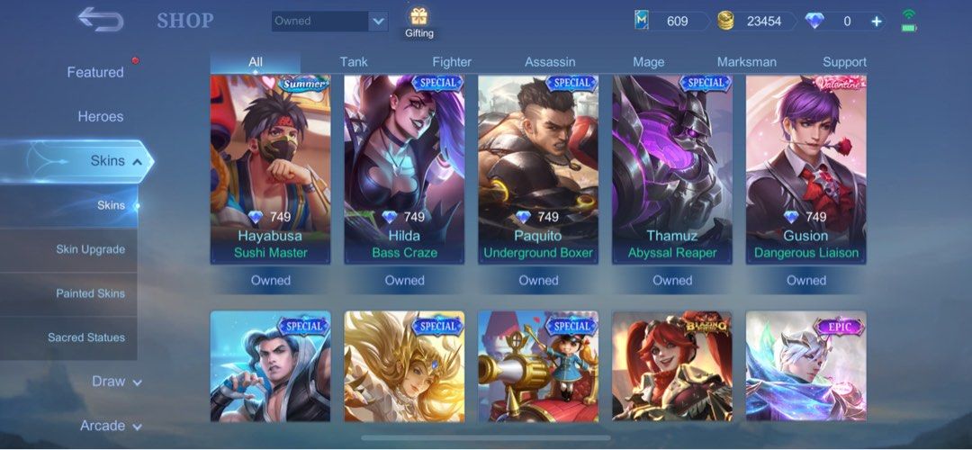 158 Skins 2 Kof Chou Karina Stun Chou 8 Epic Skins Epic Limited Odette Lightborn Alucard 