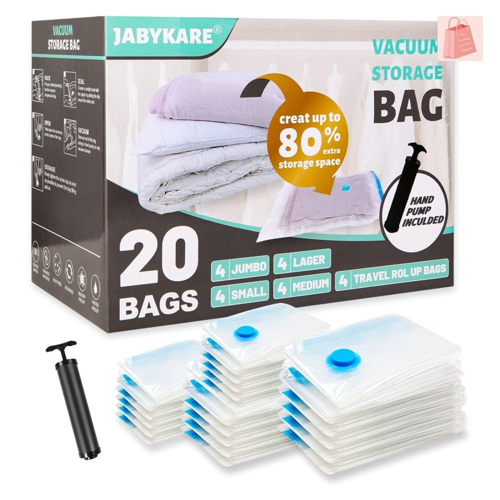 20 Pack Vacuum Storage Bags, Space Saver Bags (4 Jumbo/4 Large/4 Medium/4  Small/4 Roll) Compression for Comforters and Blankets, Sealer Clothes