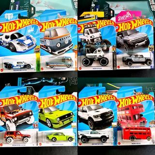 $2.90 Each Hot Wheels Mad Mike Drift Attack, Volkswagen T2 Pickup, Legends Tour Mazda Autozam, Barbie The Movie 2024 GMC Hummer EV, Nissan Patrol Custom, Ford Escort RS2000, 2020 Ram 1500 Rebel, London Bus Trouble Decker Hotwheels Exotics