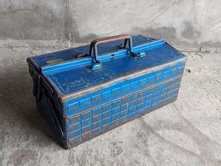 早期日本製：鐵藍雙層工具箱（兩段式、老鐵皮工具箱）—古物舊貨、懷舊古道具、復古擺飾、早期民藝、工業風格