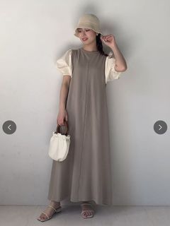 免運費 🐈 快來帶走我的二手衣 🇯🇵 🐈 日本正品 Bab 拼接澎袖洋裝 毛巾布 灰棕色 二手日牌 古著
