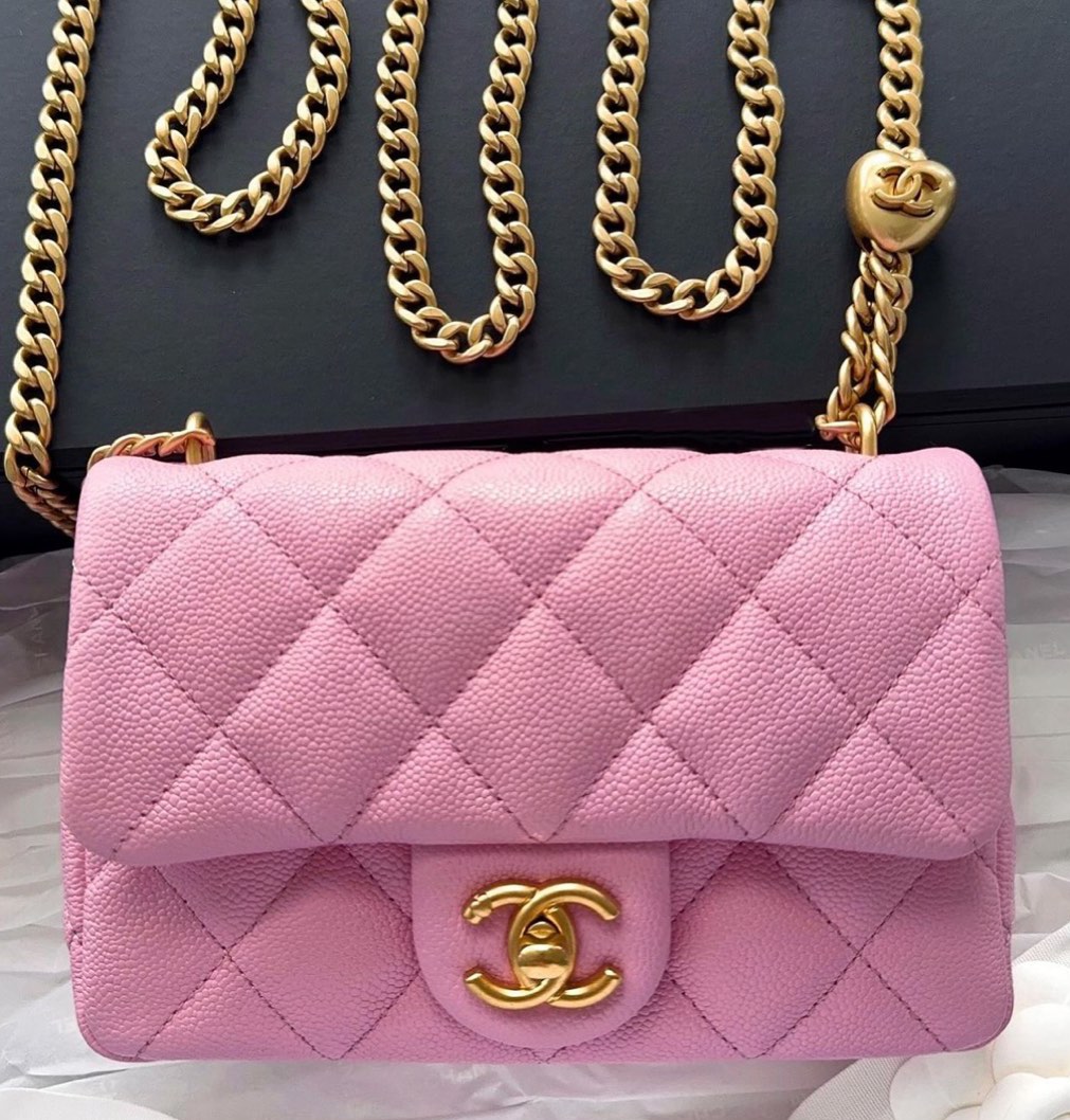 AUTHENTIC CHANEL 23P MINI FLAP PINK CAVIAR IN MATTE GOLD
