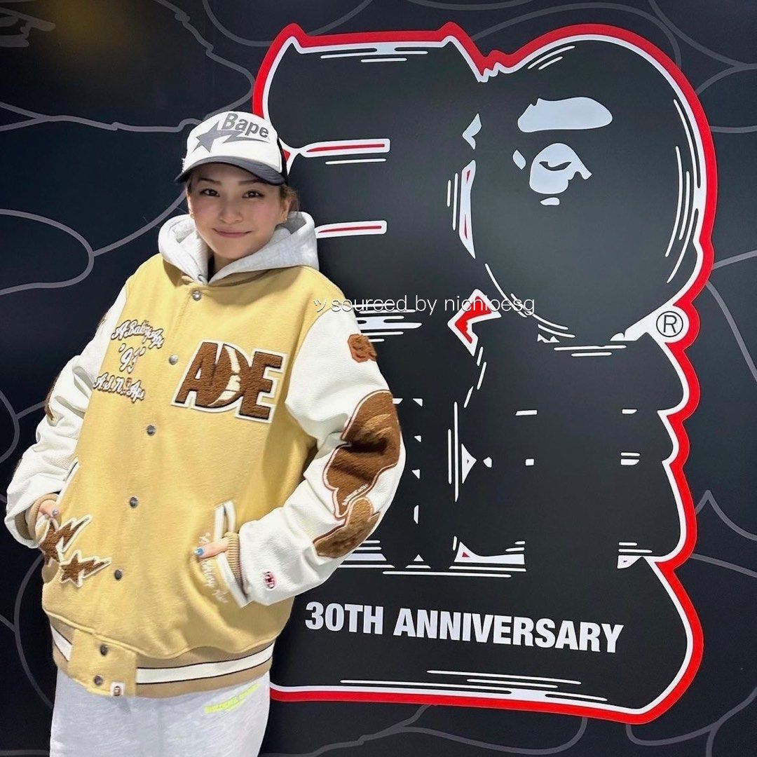 BAPE MULTI MOTIF VARSITY JACKET M Light Brown and Red Wool⁄Leather