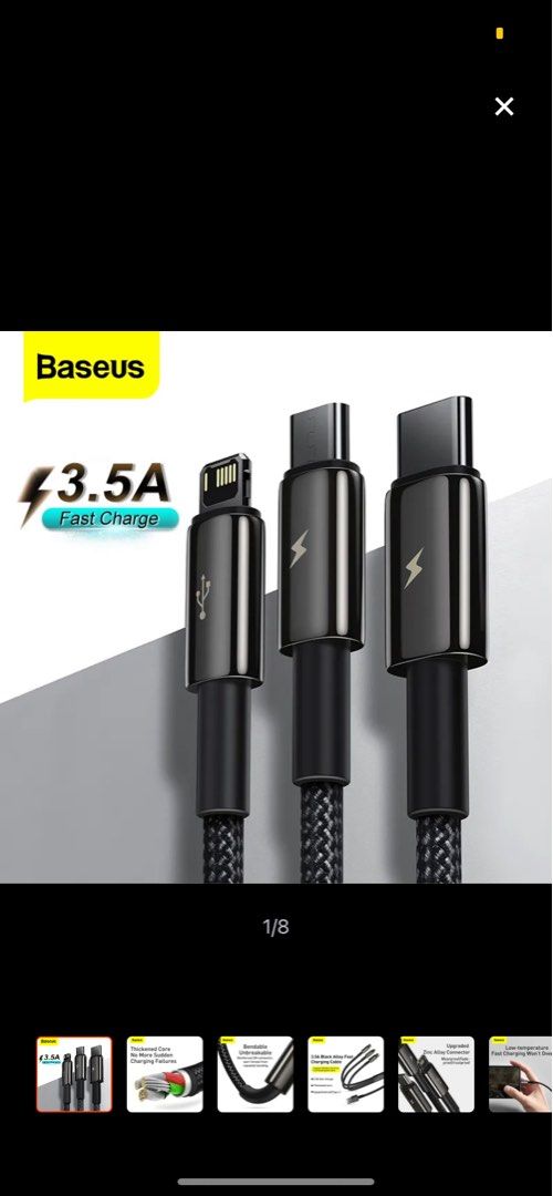 Baseus 3 in 1 metal charger usb cable (Category: Chargers & Cables) located in Quezon City. Submitted by 072500 (Listing ID 1269416673, Image 1). Description: Brand new Baseus cable in box RFS: mom bought extra.