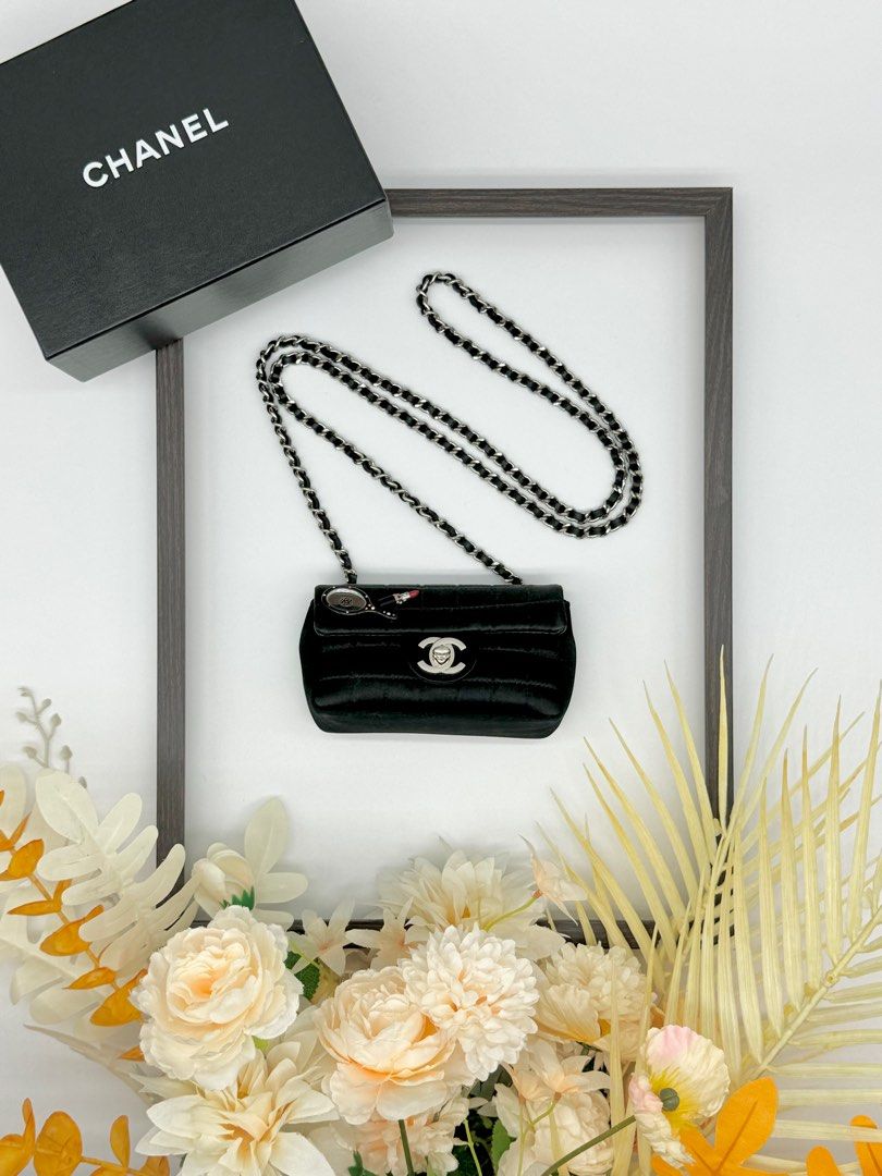 Chanel Black Quilted Satin Lipstick Mirror Micro Mini Flap Bag