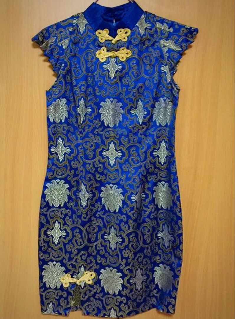 slim fit dress slacks Blue Qipao Dress with Gold Dragon