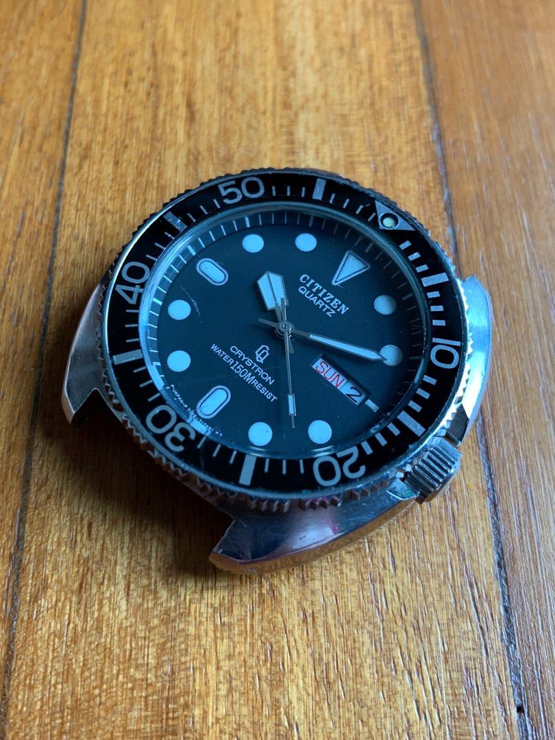 Montre Vintage Citizen Crystron à Quartz, Année 1975 - Boîtier Et Cadran Dorés, Bracelet Cuir