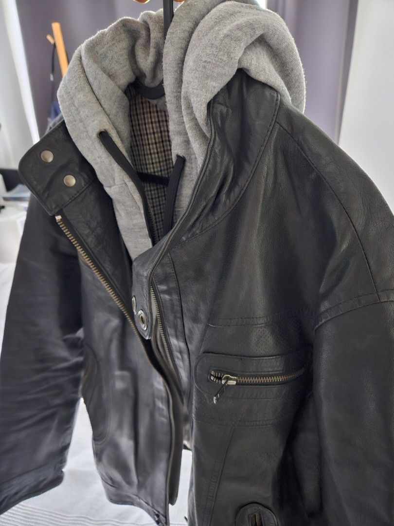 Genuine leather jacket with hood sale