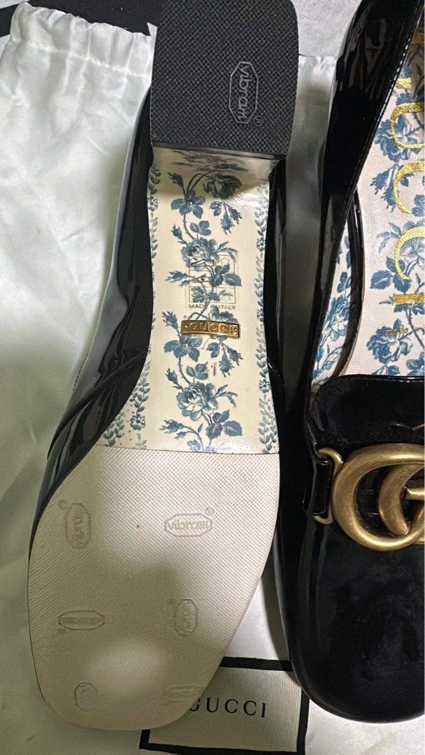 GUCCI Black Patent Leather GG Marmont Mid Heel Loafers