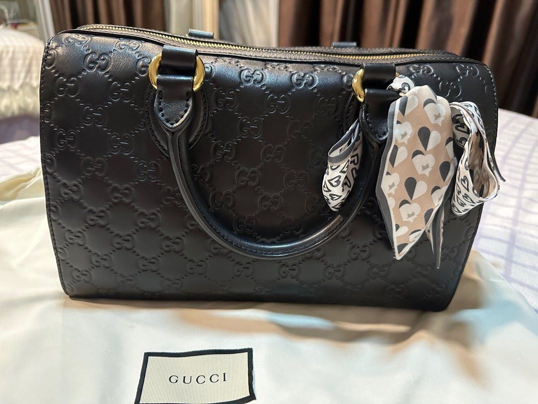Gucci boston guccissima black leather sales satchel