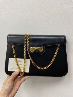 絕美優雅🇫🇷法國製Nina Ricci黑色真皮金色蝴蝶結金鍊方包🇯🇵日本中古古董包