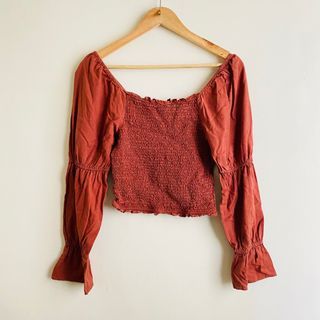 Next Brick Linen Full Smocked Puffed Sleeves Top