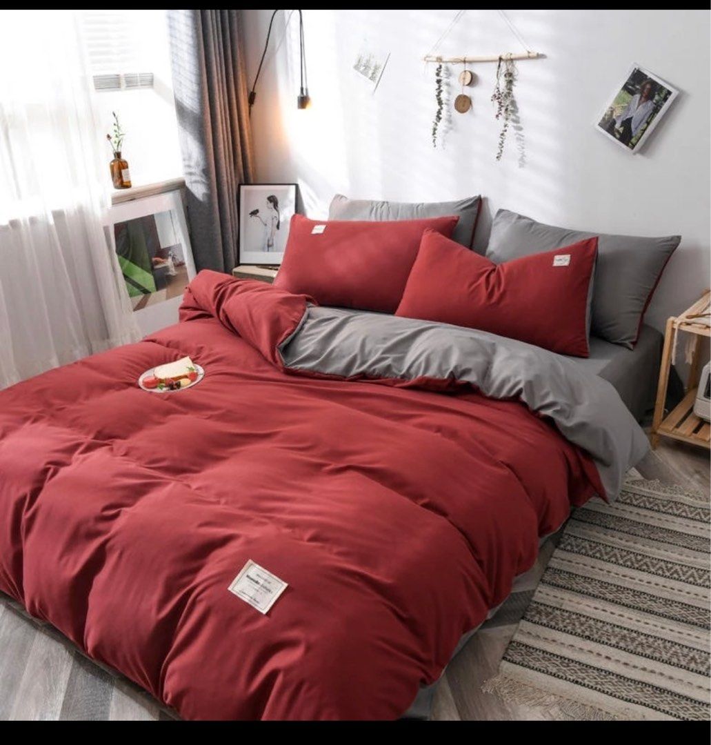 Red and Grey Color King Size Bed Sheet Set, Furniture & Home Living