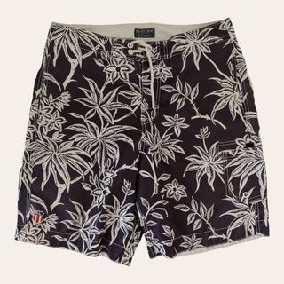 Size 36, Vintage 90s Ralph Lauren Polo Jeans Company Polyester Board Shorts Men's Hawaiian Black n White Drawstring Beach Made in Cambodia 4 Pockets Inside Mesh