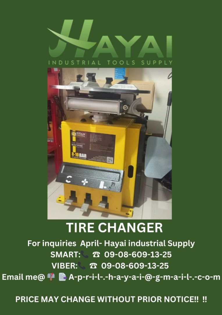 Tire changer (Category: Construction Tools & Equipment) located in Caloocan City. Submitted by aprilv96843328 (Listing ID 1269361460, Image 1). Description: Tire changer Specs: 920mm PRICE: 65,000 For inquiries April- Hayai industrial Supply 📞 ☎ 0-9-0-8-6-0-9-1-3-2-5 Email me@ 📫 📑 A-p-r-i-l-.-h-a-y-a-i-@-g-m-a-i-l-.-c-o-m PRICE MAY CHANGE WITHOUT PRIOR NOTICE‼️ ‼️ .
