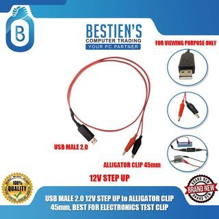 USB MALE 2.0 12V STEP UP to ALLIGATOR CLIP 45mm, BEST FOR ELECTRONICS TEST CLIP
