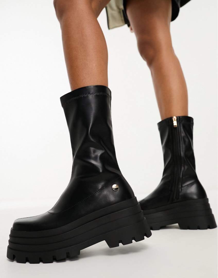 Black Simmi London Nuri Chunky Stacked Platform Mid Ankle Boots