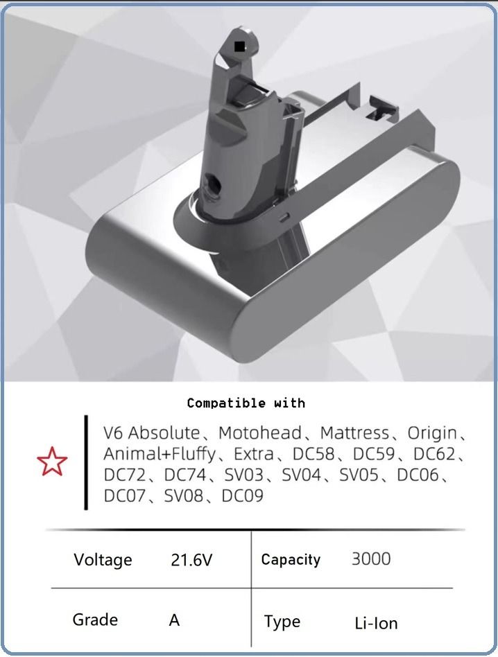 21.6V V6 Batterie Lithium Battery for Dyson DC62 DC59 DC58 SV03 SV04 SV09 V6  Animal Motorhead V6 Absolute Fluffy Vacuum Cleaner