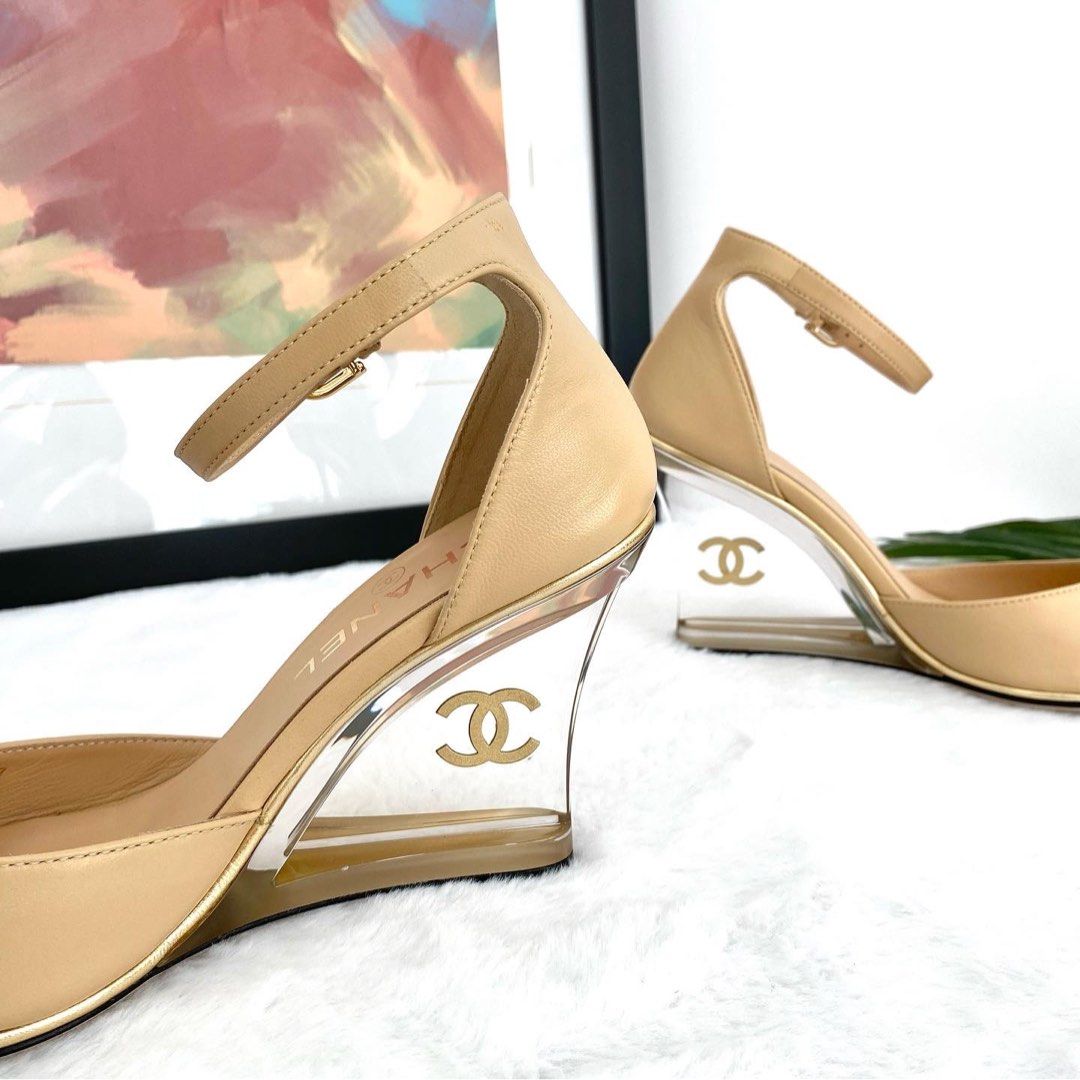Authentic Chanel Beige Leather Clear Gold CC Mules Ankle Strap Wedge Heels