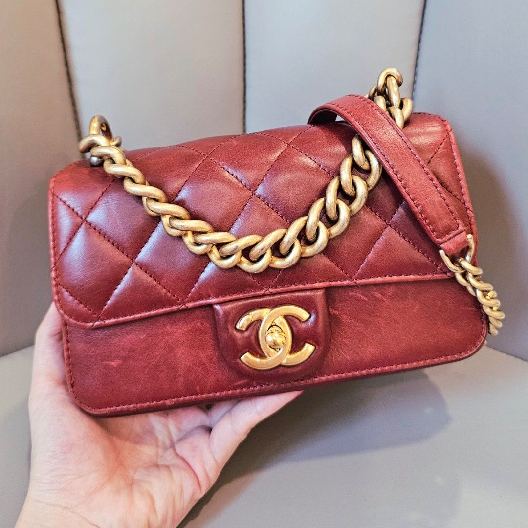 CHANEL BURGUNDY STRAIGHT LINE FLAP BAG RED WINE CALFSKIN LEATHER COSMOPOLITE GOLD HARDWARE GHW single double caviar lined classic flap mini jumbo