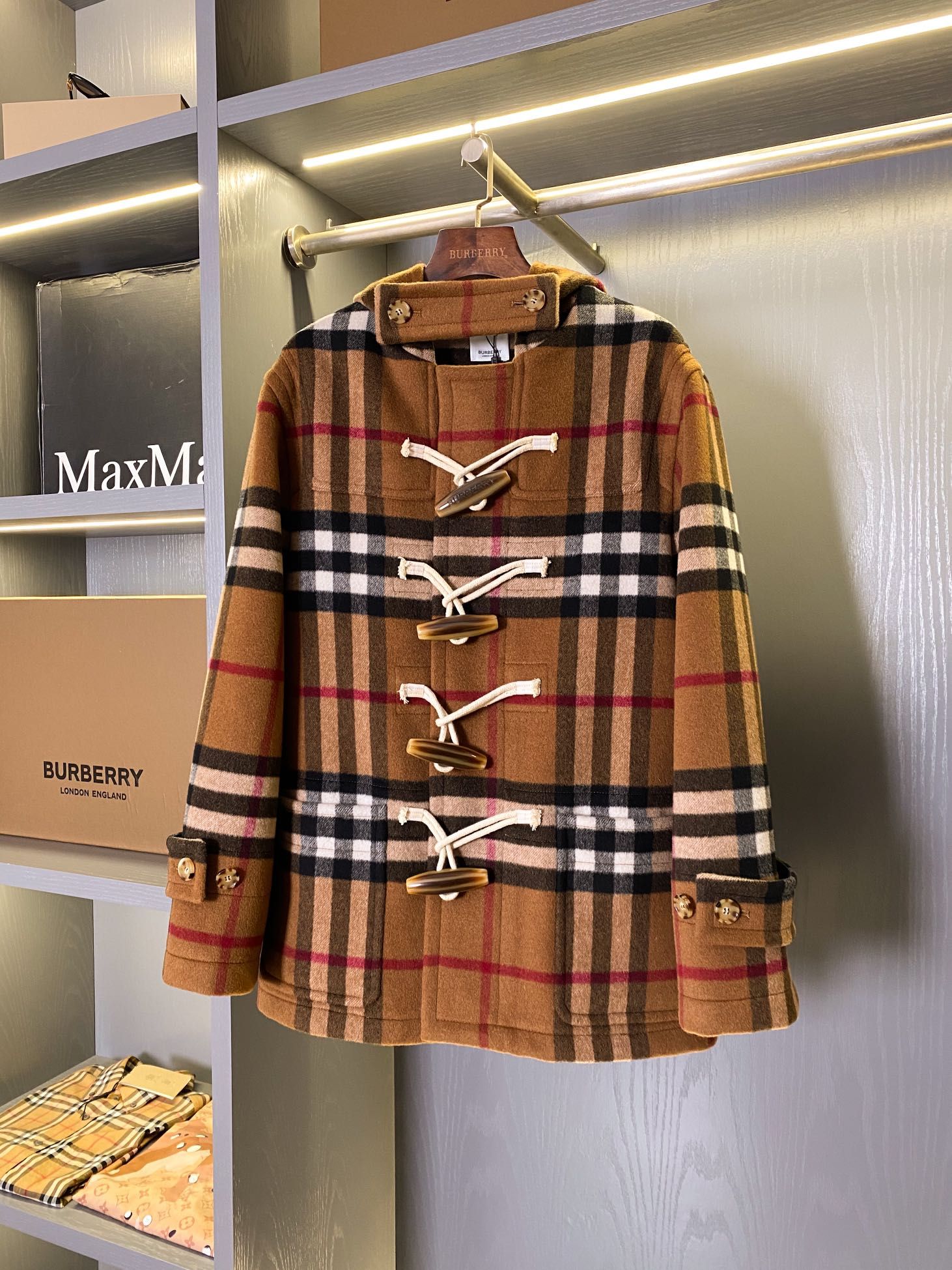 Authentic Burberry Checked Horn Button Short Cashmere Wool Coat